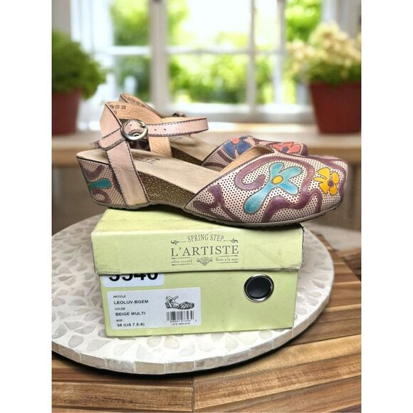 Spring Step L’Artiste Leoluv Mary Jane Sandals 38 US 7.5-8 Beige Multi Handpaint - Picture 11 of 16